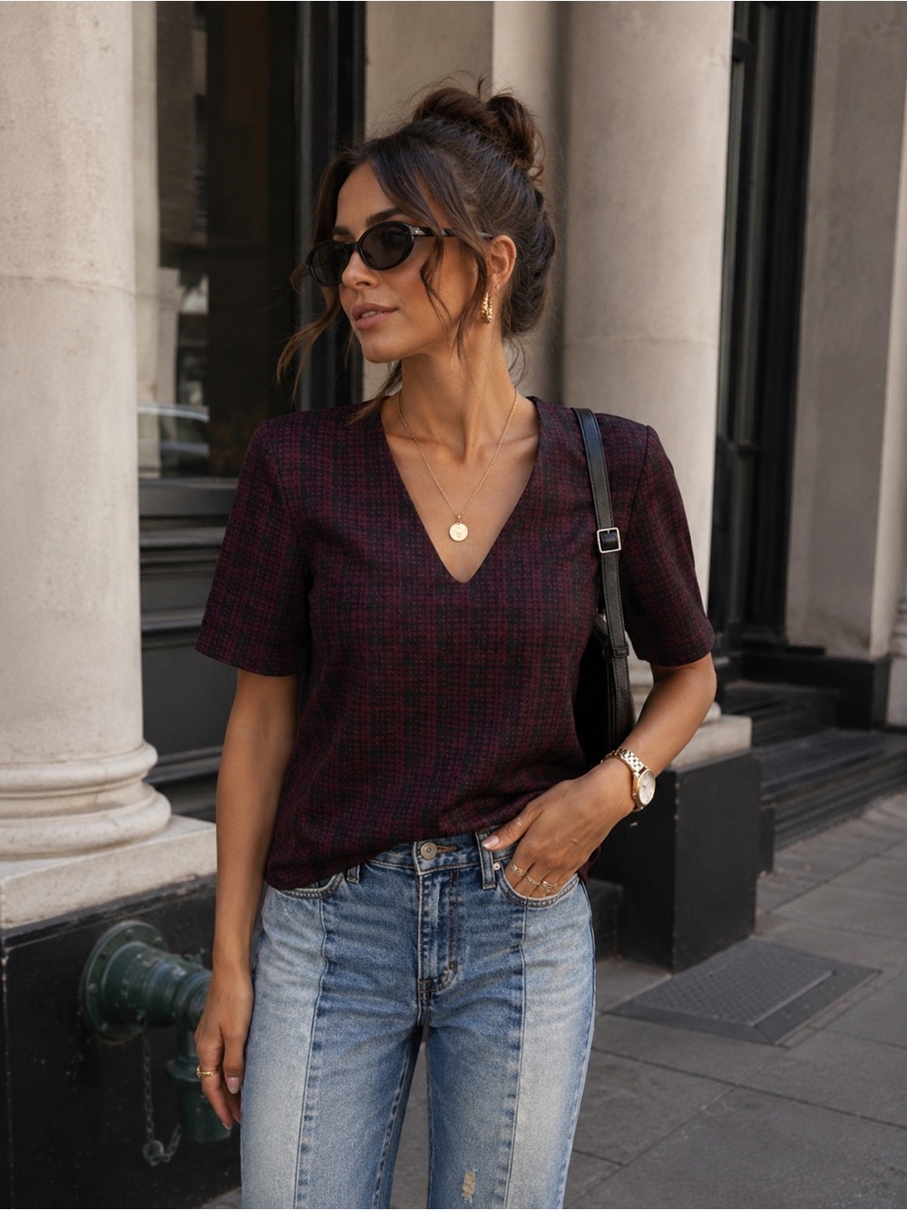 Dalia Cropped Printed Short Sleeve V-Neck Top Red Maroon Small S